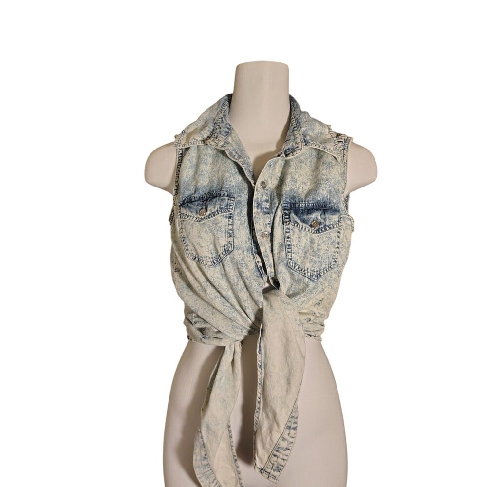 LOVE CULTURE Denim Sleeveless Vest Button Up Acid Washed Shirt Medium Y2K 00012
